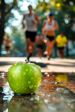 Close-up of a green apple and a blurred group of people exercising in the background.の素材