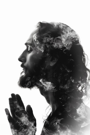 A man with long hair is praying in a double silhouette exposure with white background. The image is a black and white photo of a man with smoke surrounding himの素材