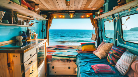 A van parked on the beach with a bed inside in a peaceful and relaxing scene.の素材