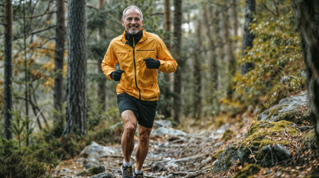 A man running in the woods in autumn time. He is wearing a yellow jacket.の素材