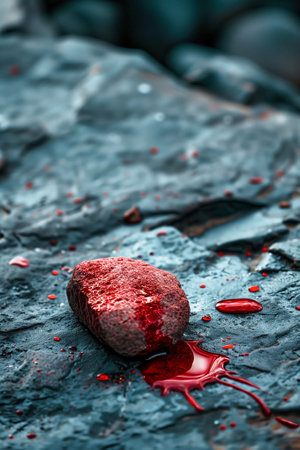 A stone stained with innocent blood. The rock is surrounded by rocks and dirtの素材