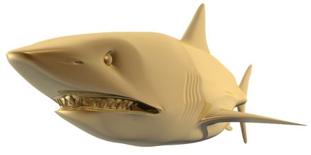 3d golden shark head view isolatedの写真素材