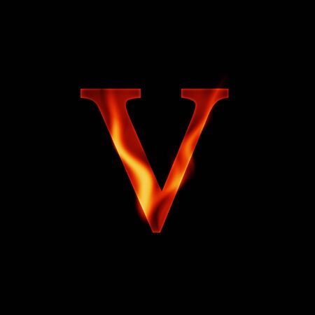 fire letter V isolated on dark backgroundの写真素材