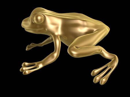 golden frog sitting isolated on black backgroundの写真素材