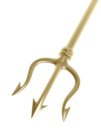 golden trident of Poseidon isolated on white backgroundの写真素材