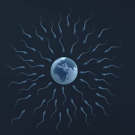 sperm swimming to earth egg on dark blue background
