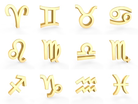 12 golden zodiac symbols on white backgroundの写真素材