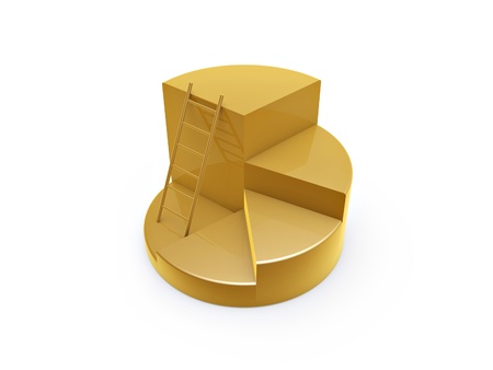 golden ladder on pie graph steps isolated on white backgroundの写真素材