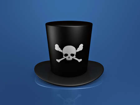 black skull hat isolated on blue backgroundの写真素材