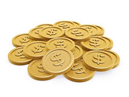 dollar symbol gold coins pile on white backgroundの写真素材