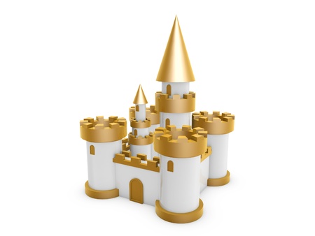 3d gold white fairy tale castle stand on white backgroundの写真素材