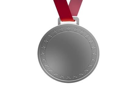 red ribbon silver medal isolated on white backgroundの写真素材