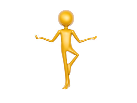 golden guy doing yoga meditation standing isolated on white background 3d illustrationの写真素材