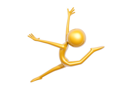 golden guy doing gymnastics jump isolated on white background 3d illustrationの写真素材