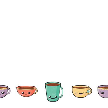 White kawaii border cups seamless pattern print backgroundのイラスト素材