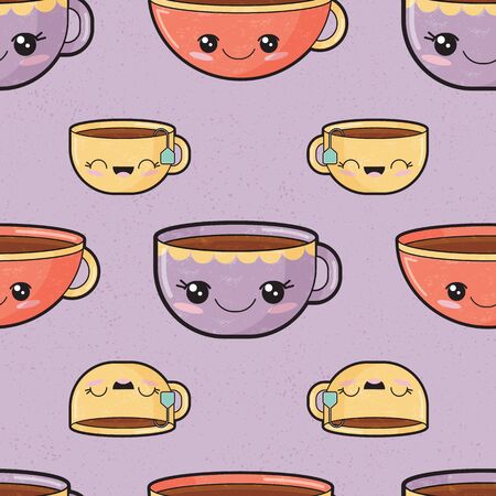 Purple kawaii cups seamless pattern print backgroundのイラスト素材