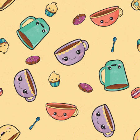 Yellow kawaii cup and cake seamless pattern print backgroundの写真素材