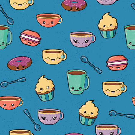 Blue kawaii cup and cake seamless pattern print backgroundの写真素材