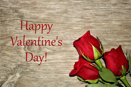 Happy Valentine's Day text on a wood grain background with three red rose buds in lower right corner.の写真素材