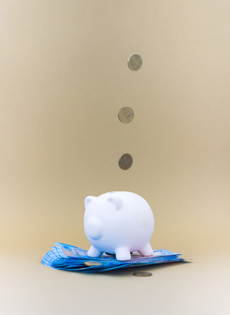 piggy bank with money and coins, for illustrations of articles on economics, finance, family budget, purchasesの写真素材