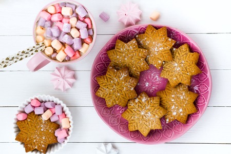 Christmas cocoa with marshmallow in a pink cup and ginger biscuit on a wooden tableの写真素材