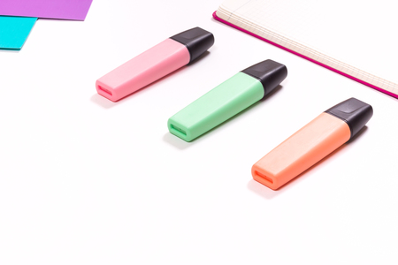 markers stationery paper white backgroundの写真素材