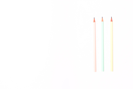 flatlay stationery set color pencils white background copyspaceの写真素材