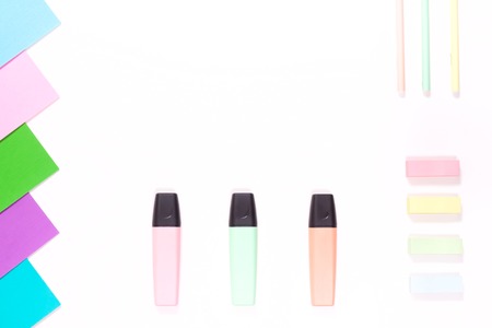 flatlay craft stationery set top view white background copyspace