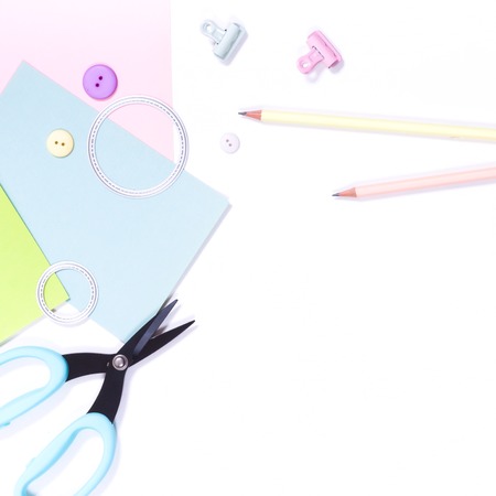 decor scrapbook paper scissors button marker pencil white backgroundの写真素材