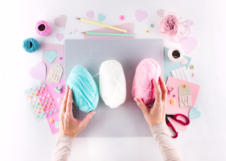 Making diy project. Knitting decoration. Craft tools and supplies. Season home valentines day decorの写真素材