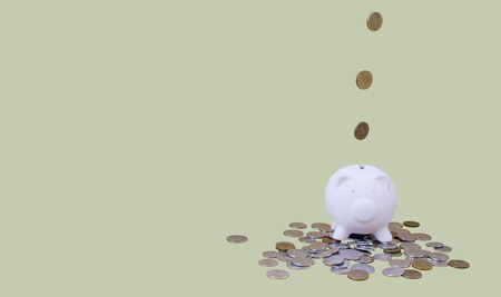 piggy bank with money and coins, for illustrations of articles on economics, finance, family budget, purchases, copy spaceの写真素材