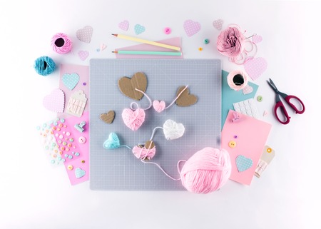 Making diy project. Knitting decoration. Craft tools and supplies. Season home valentines day decorの写真素材