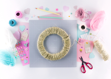 Making diy project. Knitting decoration. Craft tools and supplies. Season home valentines day decorの写真素材