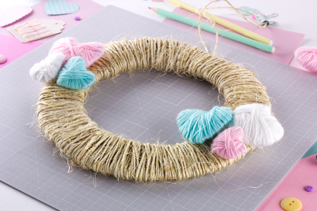 Making diy project. Knitting decoration. Craft tools and supplies. Season home valentines day decorの写真素材