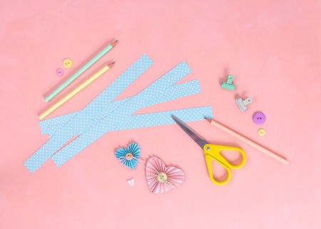 Scrapbooking master class. Diy. Make a Valentines day card whith paper hearts. Women's hobby. Craft...