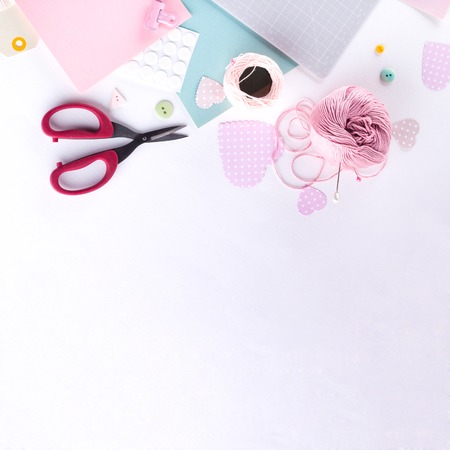 Making diy project. Knitting decoration. Craft tools and supplies. Season home valentines day decorの写真素材