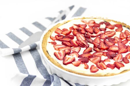 Homemade backery pie with strawberry and custard. Summer recipe delicious berry tart. Fruit cake ricotta cream cheese. Low fat meal.の写真素材