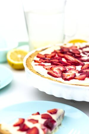 Homemade backery pie with strawberry and custard. Summer recipe delicious berry tart. Fruit cake ricotta cream cheese. Low fat meal.の写真素材