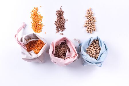 Reusable eco friendly natural cotton produce bags with cereal. Waste packaging. Zero waste food...