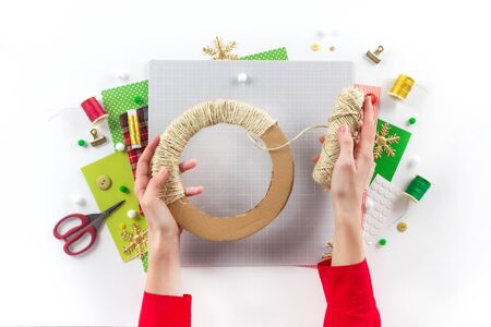 DIY instruction. Making a Christmas wreath from felt. Craft tools and supplies. Step 2の写真素材