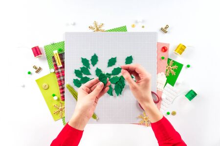 DIY instruction. Making a Christmas wreath from felt. Craft tools and supplies. Step 4の写真素材