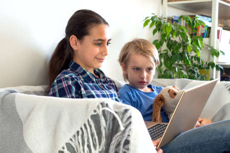 Distance learning online education and work. Child study remotely from home sits on the couch. Using mobile laptopの写真素材