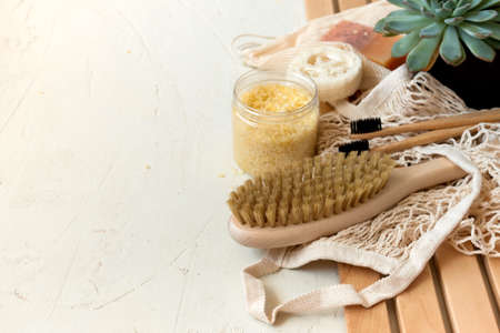 Zero waste, natural organic bathroom tools. No Plastic free life. Ecological skin care, body treatment concept. Conscious Minimalism Vegan Lifestyle. Reduce Reuse Recycleの写真素材