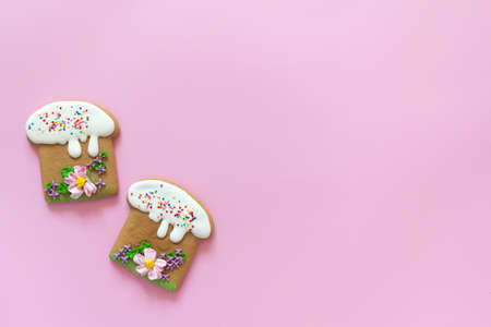 Easter poster and banner template with Easter cakes on pink background.Greetings and presents for Easter Day in flat lay styling.Promotion and shopping template for Easterの写真素材
