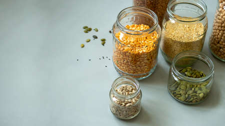 Organic bio bulk products in zero waste shop. Foods storage in kitchen at low waste lifestyle....
