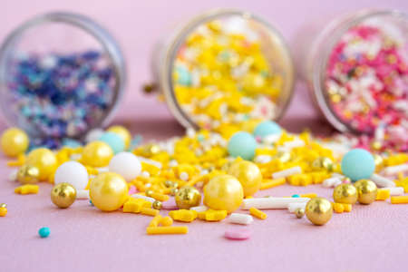 Close-up collection of sprinkles for cake and ice-cream and cookies. Selective focus