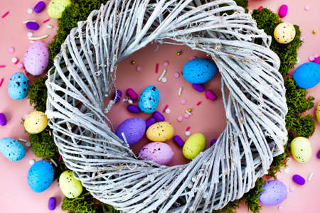Top view shot of arrangement decoration Happy Easter holiday background concept. Flat lay wreath of...