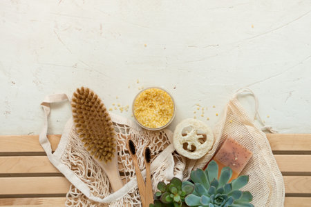Zero waste, natural organic bathroom tools. No Plastic free life. Ecological skin care, body treatment concept. Conscious Minimalism Vegan Lifestyle. Reduce Reuse Recycleの写真素材
