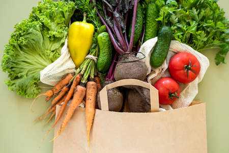 Eco farm products organic vegetables in mesh bagsの写真素材