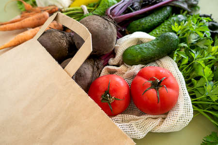 Eco farm products organic vegetables in mesh bags